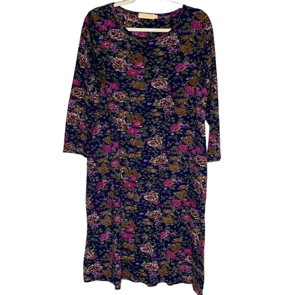 LA Cera, royal purple Long Sleeve Floral dress,  100% Cotton.‎ Size M